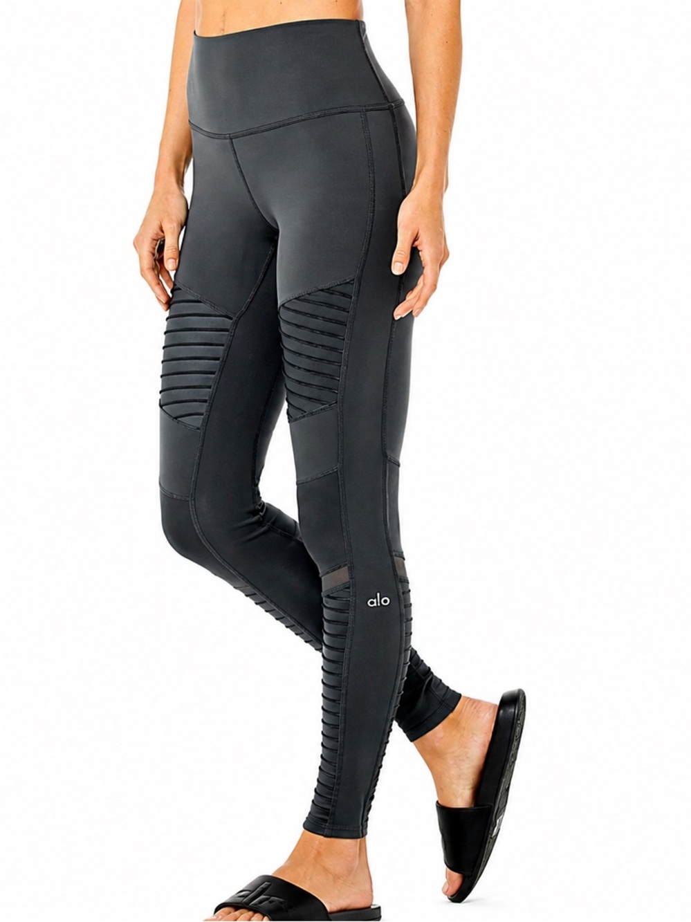 ALO YOGA DARK GRAY MOTO LEGGINGS S HIGH RISE MESH PLEATED BIKER ATHLEISURE